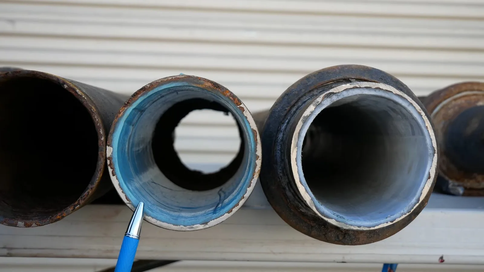 Cut ends of old steel pipes, two lined with blue resin, with a pen pointing at one