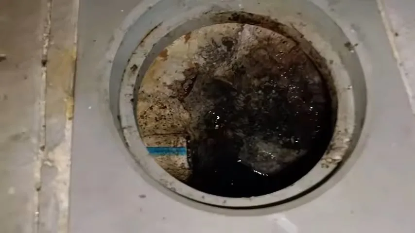 Round floor drain holding dark water and residue