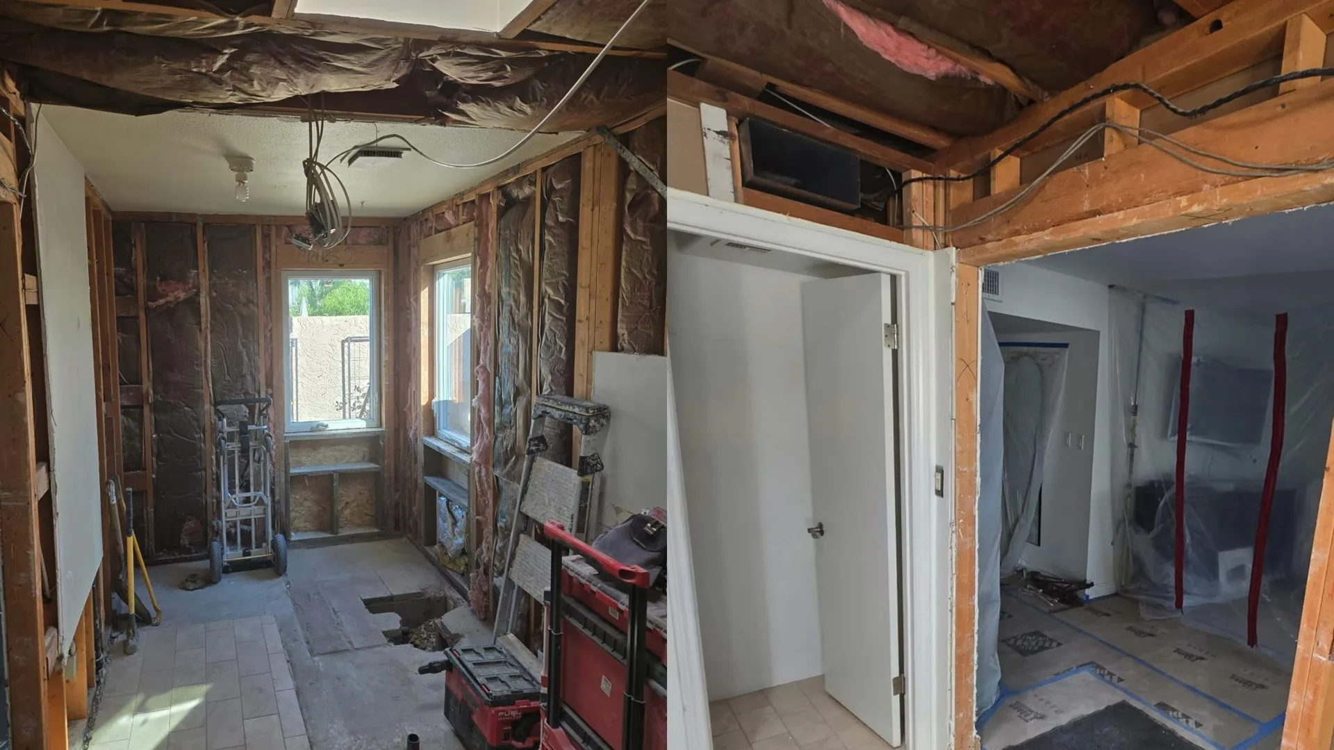 Gutted rooms with open wall studs, a hand truck and plastic sheeting hanging in a doorway