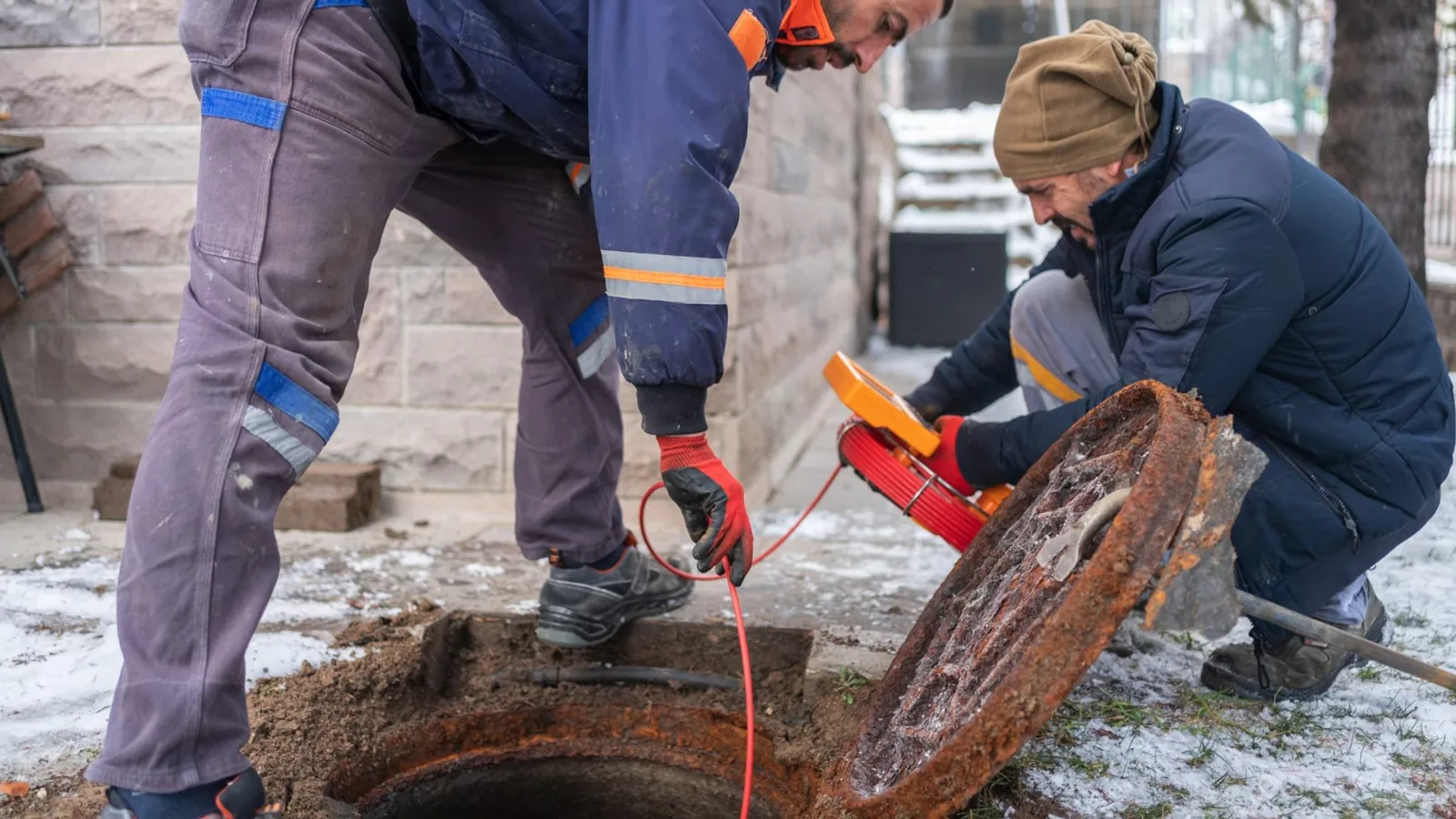 Two workers at an open manhole in light snow, one feeding an orange camera cable from a reel